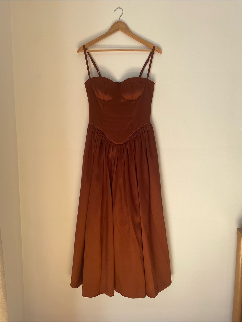 Rust Brown Midi Dress with Sweetheart Bust and Spaghetti Straps
